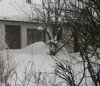 Uthus inbäddat med snö